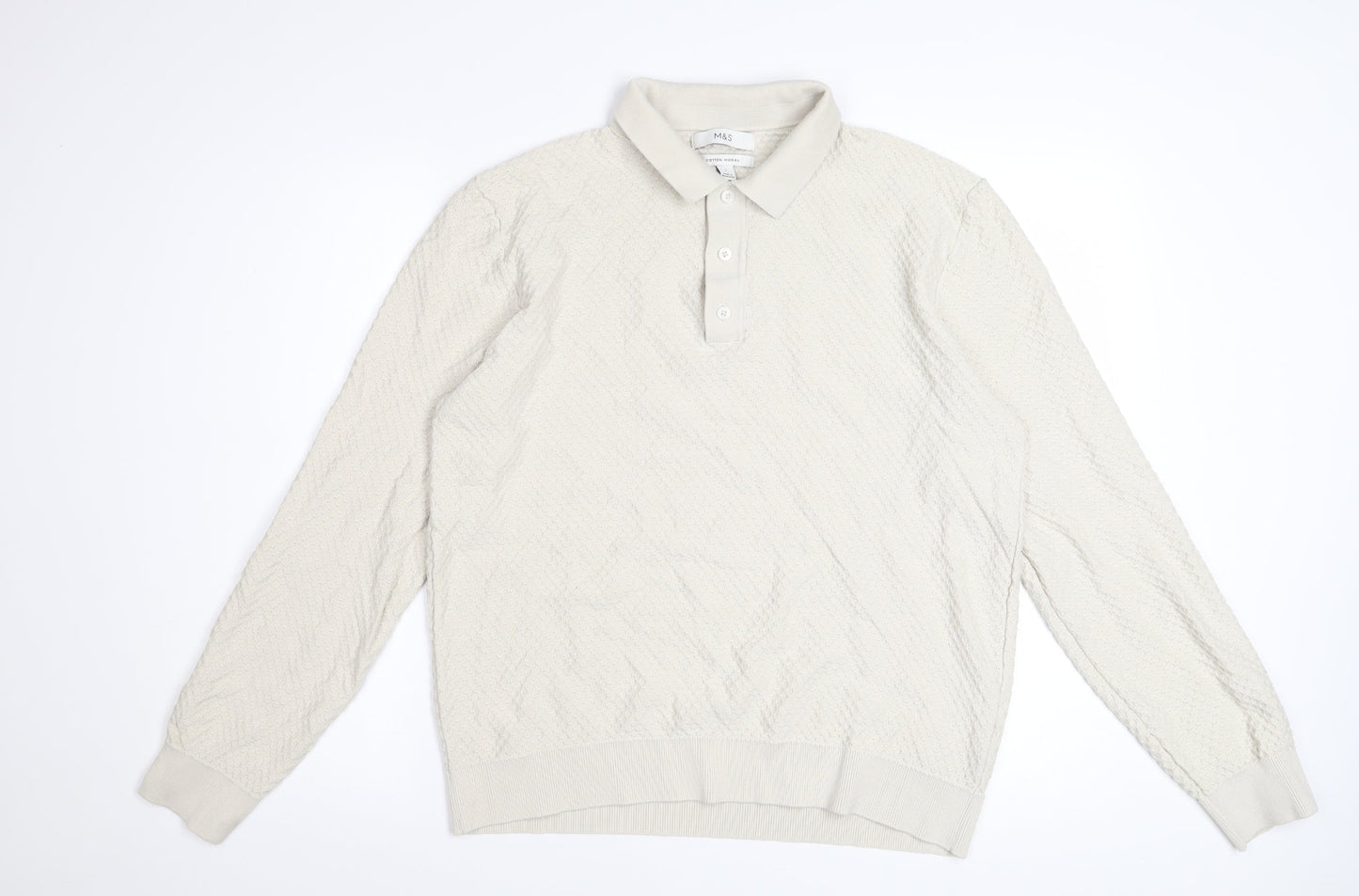Marks and Spencer Mens Ivory Long Sleeve Textured Polo Shirt L