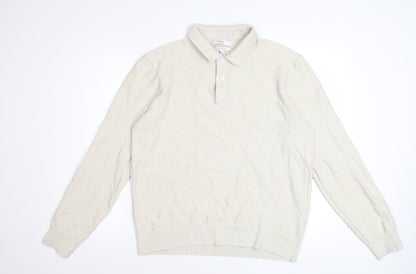 Marks and Spencer Mens Ivory Long Sleeve Textured Polo Shirt L