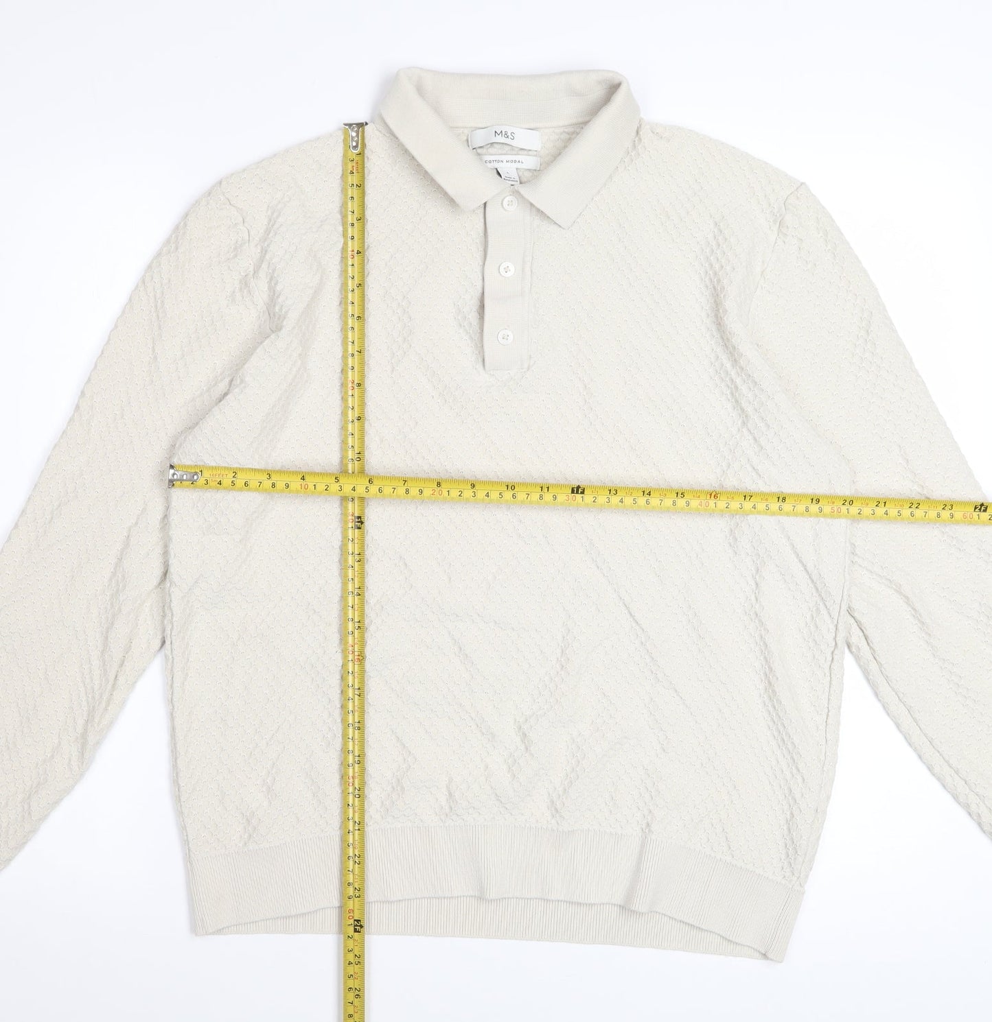 Marks and Spencer Mens Ivory Long Sleeve Textured Polo Shirt L