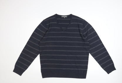 Marks and Spencer Men Blue Striped V-Neck Pullover Jumper Size L