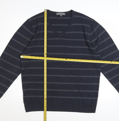 Marks and Spencer Men Blue Striped V-Neck Pullover Jumper Size L