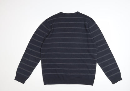 Marks and Spencer Men Blue Striped V-Neck Pullover Jumper Size L