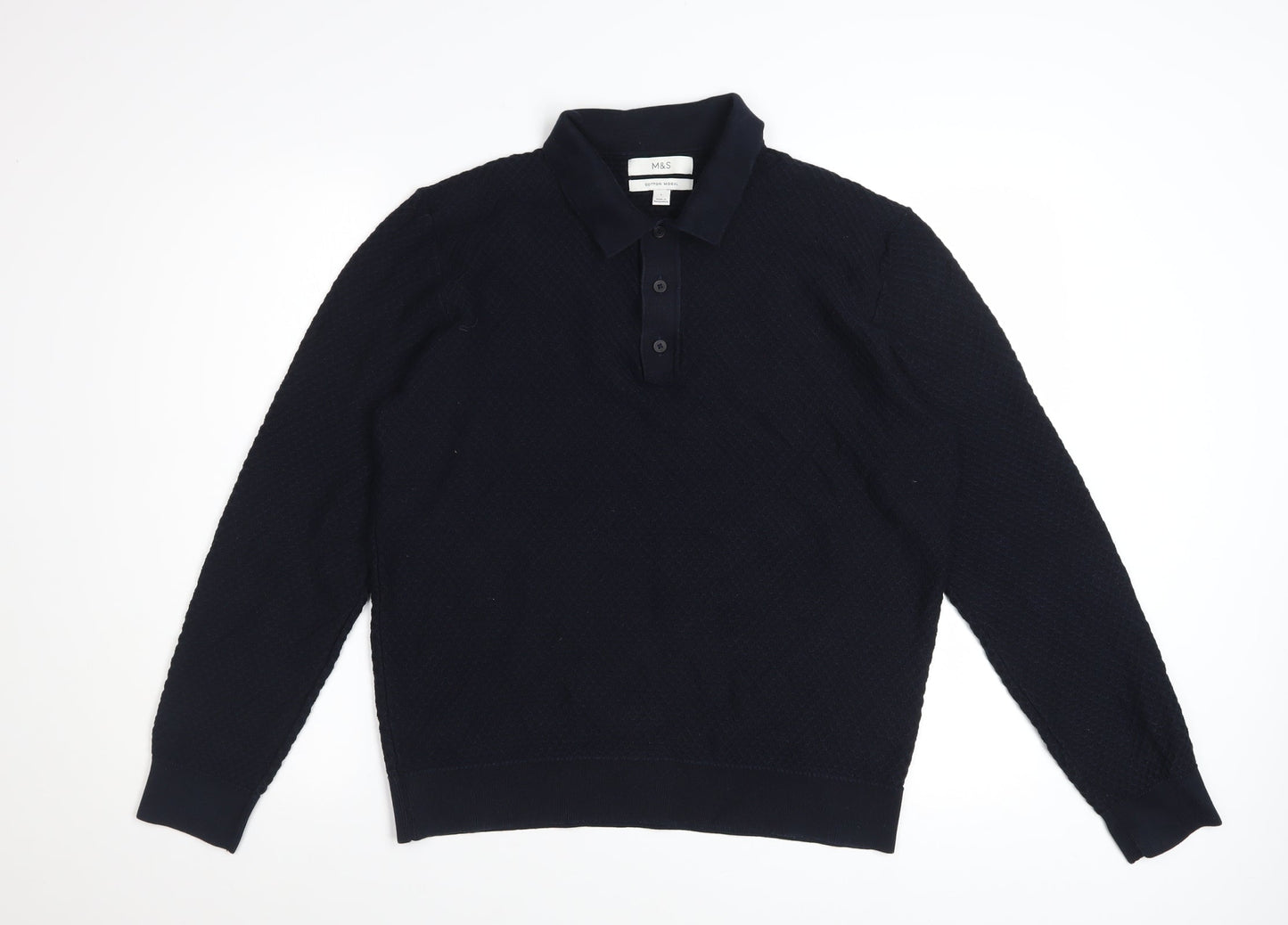 Marks and Spencer Men's Navy Long Sleeve Cotton Modal Polo L