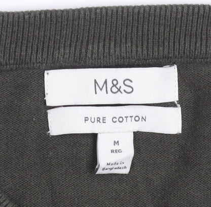 Marks and Spencer Men's Green V-Neck Cotton Jumper M Regular