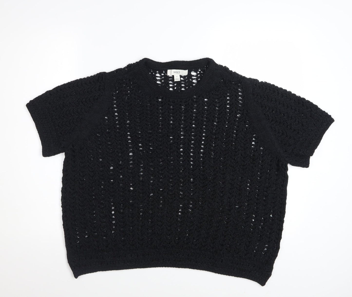 Marks and Spencer Womens Black XL Open Knit Short Sleeve Cotton Jumper