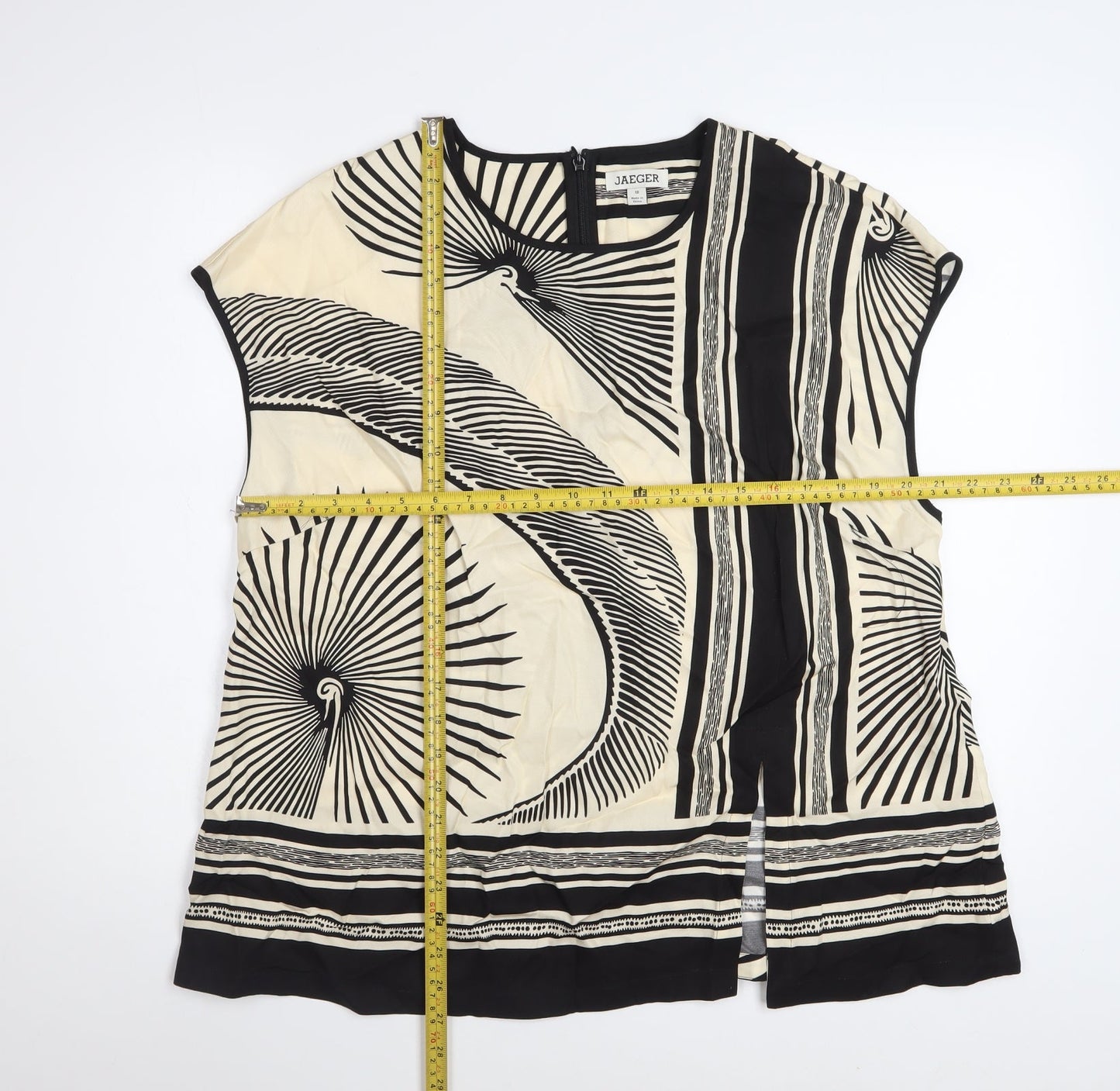 Jaeger Women’s Black Beige Silk Geometric Tunic Blouse Size 18
