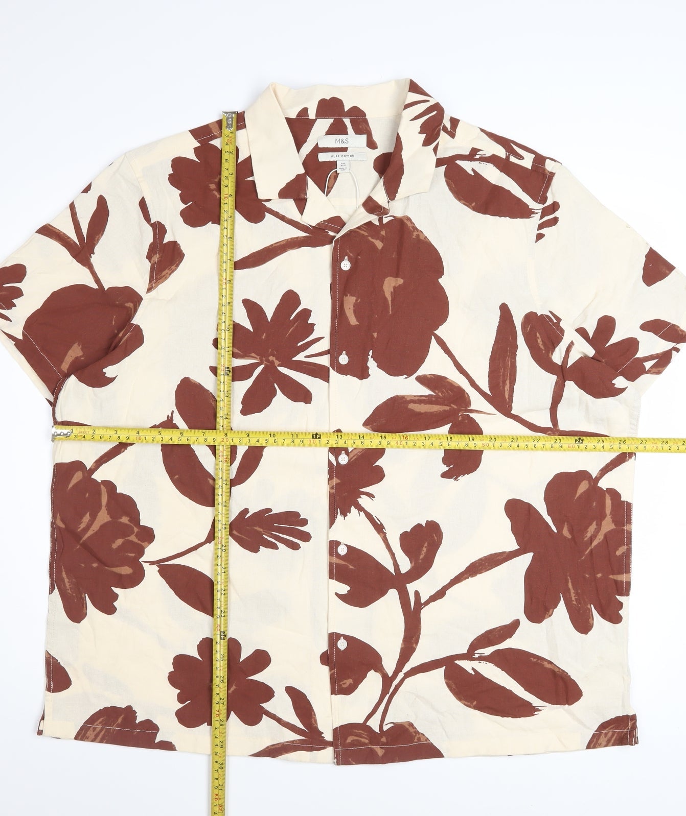 Marks and Spencer Men's Beige Floral Cotton Short Sleeve Button-Up Shirt 2XL