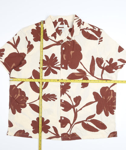 Marks and Spencer Men's Beige Floral Cotton Short Sleeve Button-Up Shirt 2XL