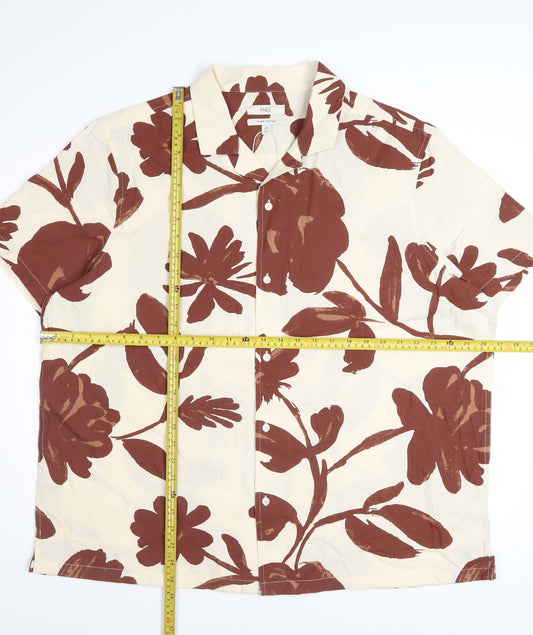 Marks and Spencer Men's Beige Floral Cotton Short Sleeve Button-Up Shirt 2XL