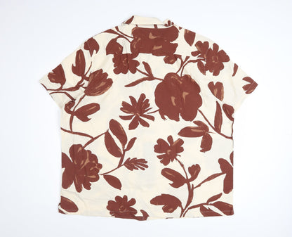 Marks and Spencer Men's Beige Floral Cotton Short Sleeve Button-Up Shirt 2XL