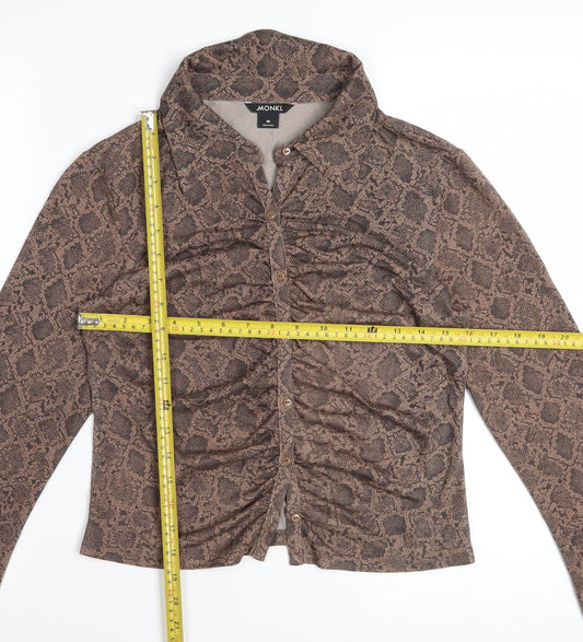 Monki Women Brown Snake Print Cropped Button-Up Shirt M