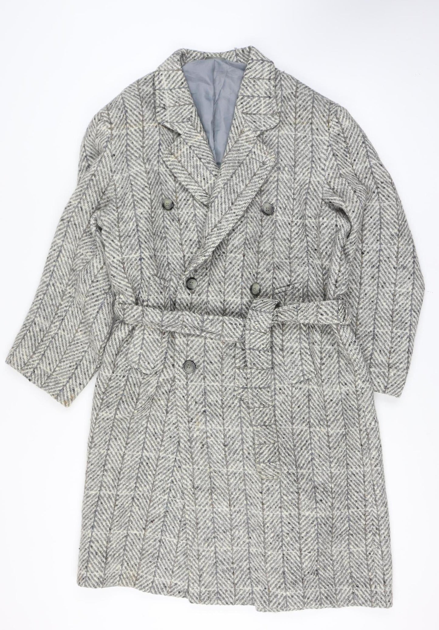 Gulins Men's Grey Herringbone Wool Blend Belted Overcoat Size 46 Regular