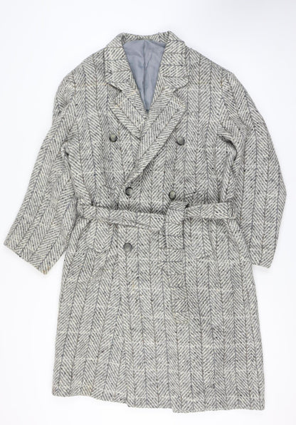 Gulins Men's Grey Herringbone Wool Blend Belted Overcoat Size 46 Regular