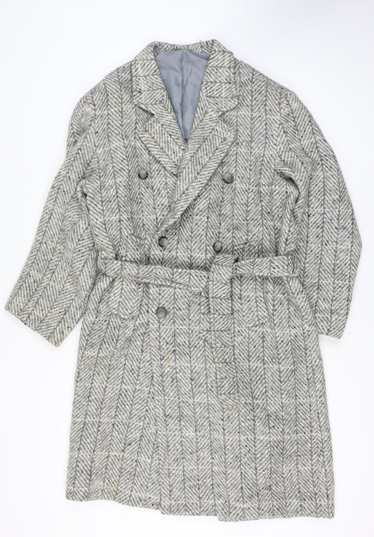 Gulins Men's Grey Herringbone Wool Blend Belted Overcoat Size 46 Regular