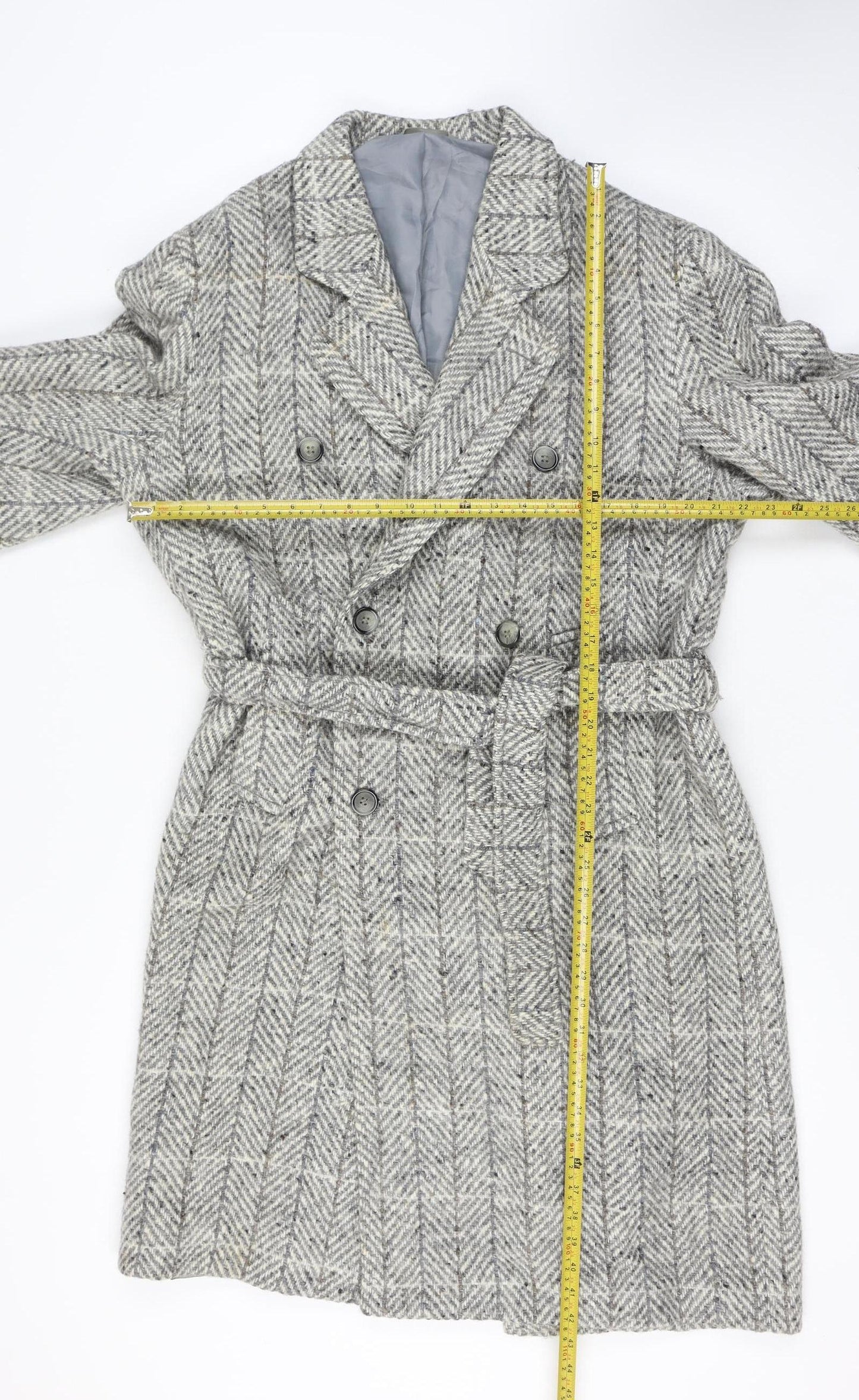 Gulins Men's Grey Herringbone Wool Blend Belted Overcoat Size 46 Regular