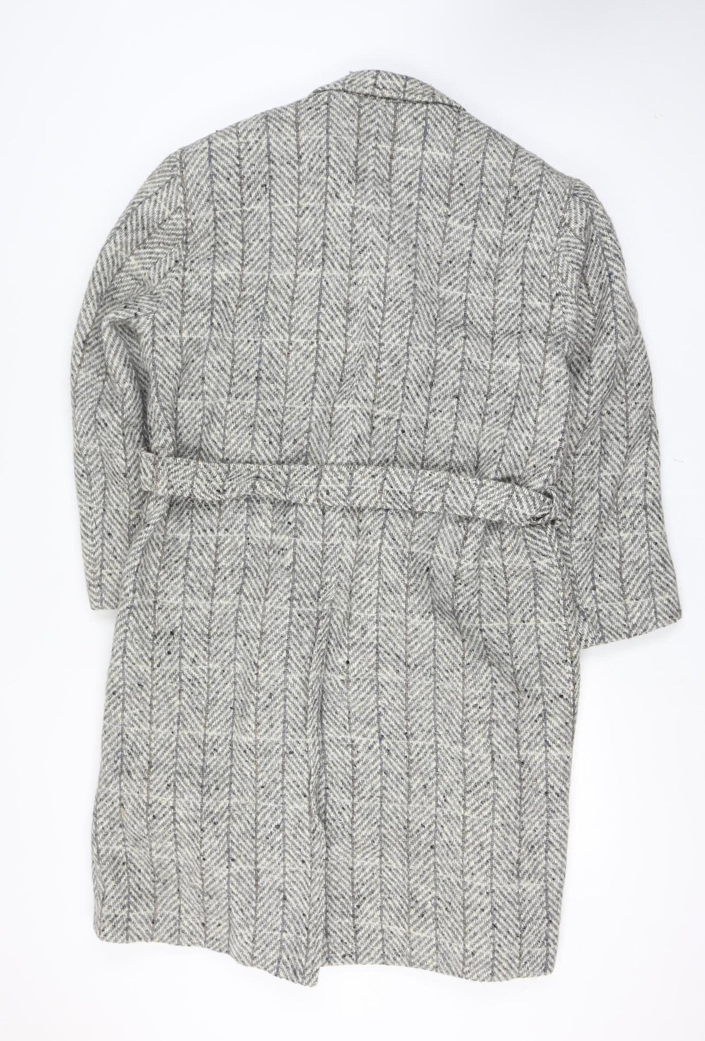 Gulins Men's Grey Herringbone Wool Blend Belted Overcoat Size 46 Regular