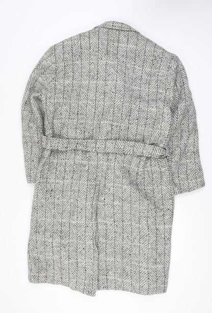 Gulins Men's Grey Herringbone Wool Blend Belted Overcoat Size 46 Regular