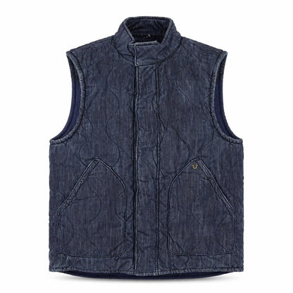 Front view of True Religion Reversible Men's Blue Quilted Denim Waistcoat, size XL, Casual