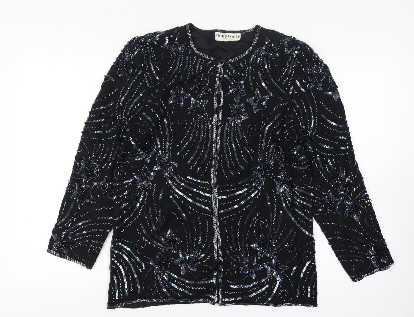Night Vogue Women's Black Beaded Sequin Tunic Blouse Size M