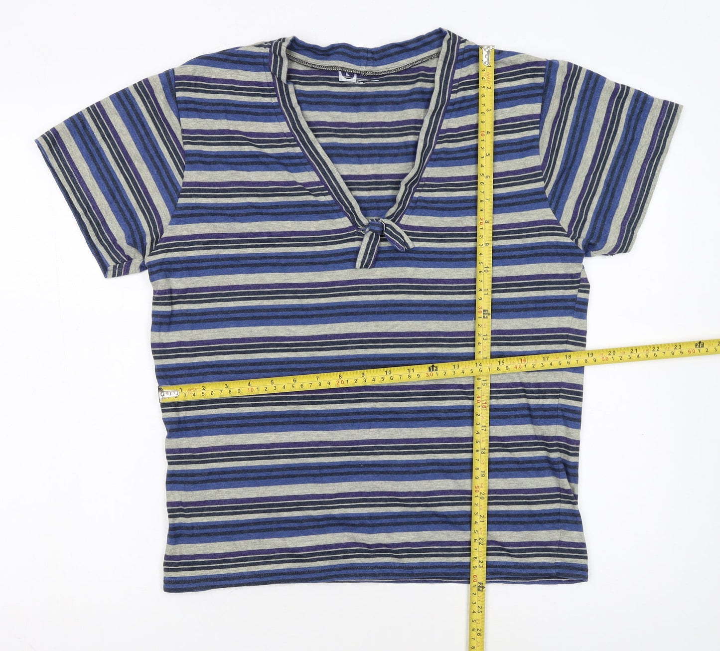 Cedar Wood State Men Blue Striped V-Neck Short Sleeve T-Shirt L