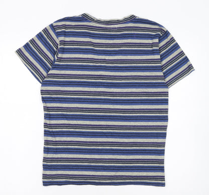 Cedar Wood State Men Blue Striped V-Neck Short Sleeve T-Shirt L