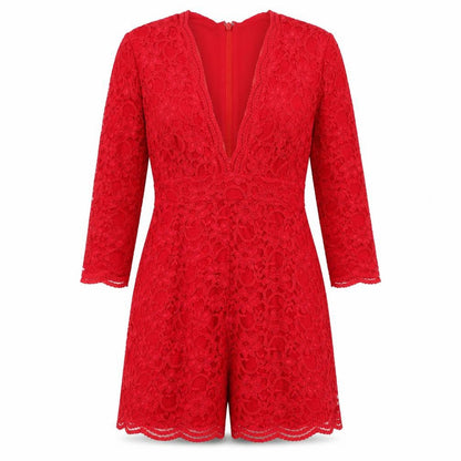 Topshop Women Red Lace Long Sleeve Playsuit UK 10 Partywear