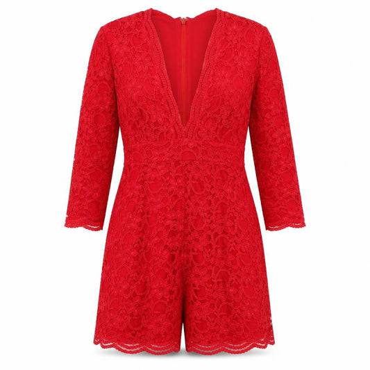 Topshop Women Red Lace Long Sleeve Playsuit UK 10 Partywear