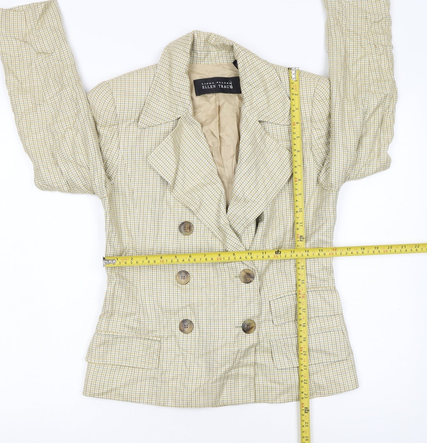 Ellen Tracy Women's Beige Check Double-Breasted Blazer Size 12