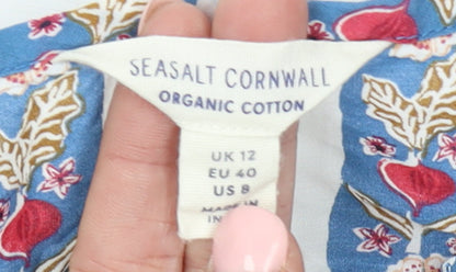 Seasalt Cornwall Women Blue Floral Stripe Organic Cotton Tunic Blouse UK 12