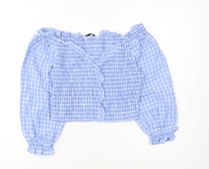 ZARA Women Blue Check Cropped Off Shoulder Blouse Size L