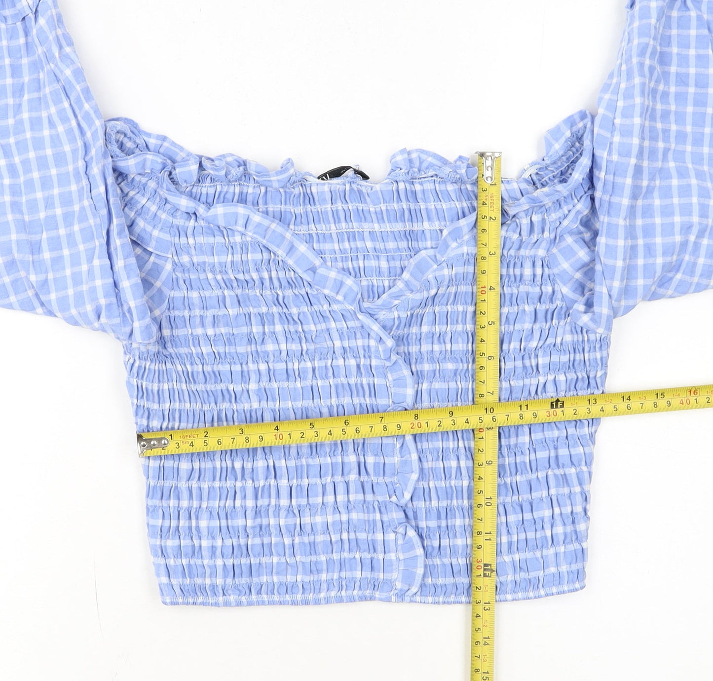 ZARA Women Blue Check Cropped Off Shoulder Blouse Size L