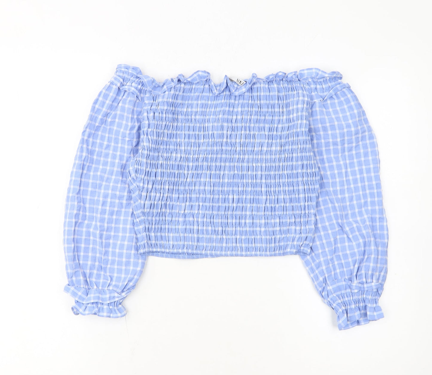 ZARA Women Blue Check Cropped Off Shoulder Blouse Size L