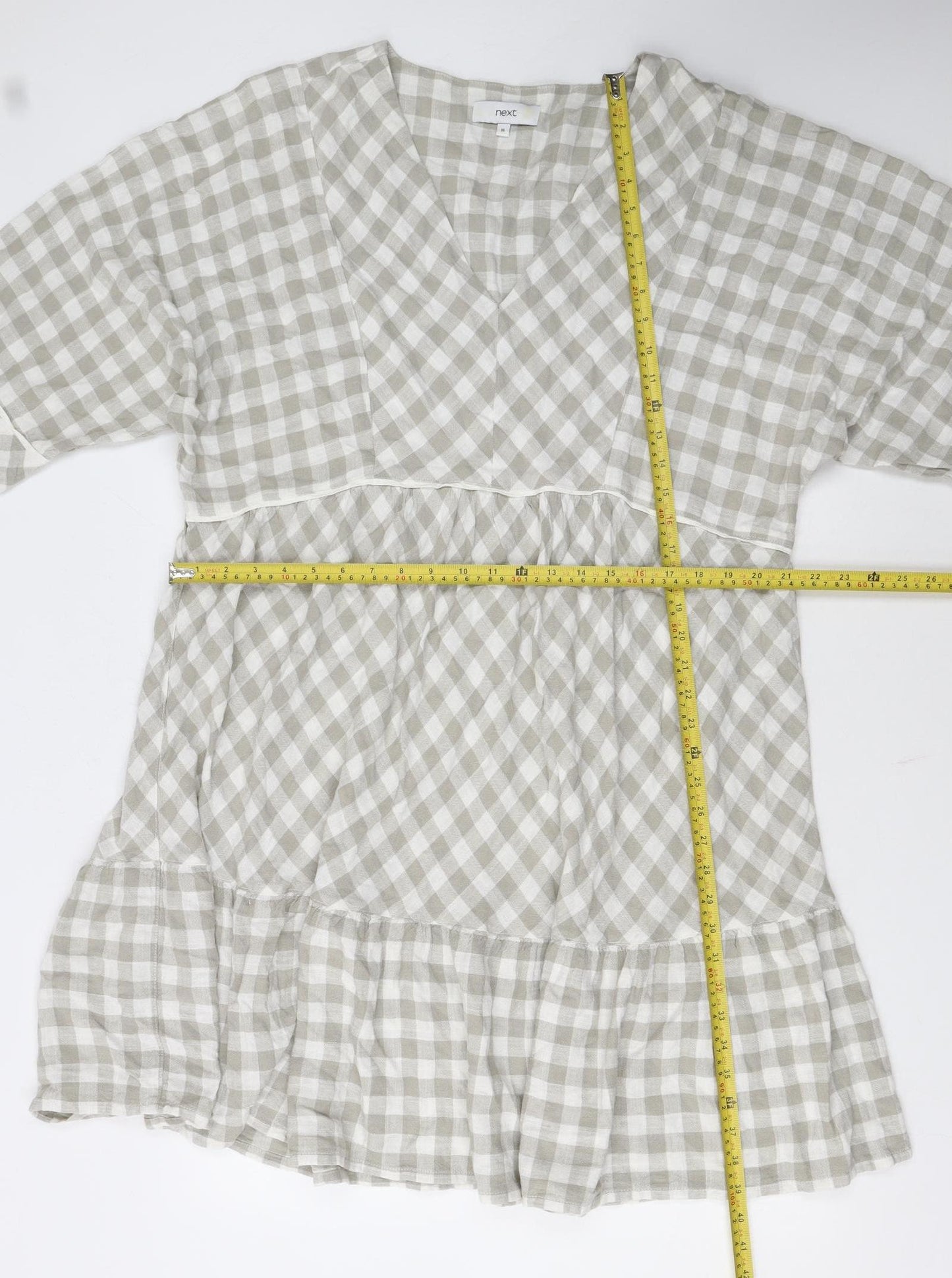 Next Women Beige Check Smock Dress Size 16 V-Neck Casual Linen Blend