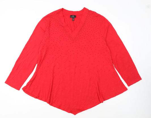 Marble Women’s Red Long Sleeve V-Neck Tunic Blouse Size 2XL