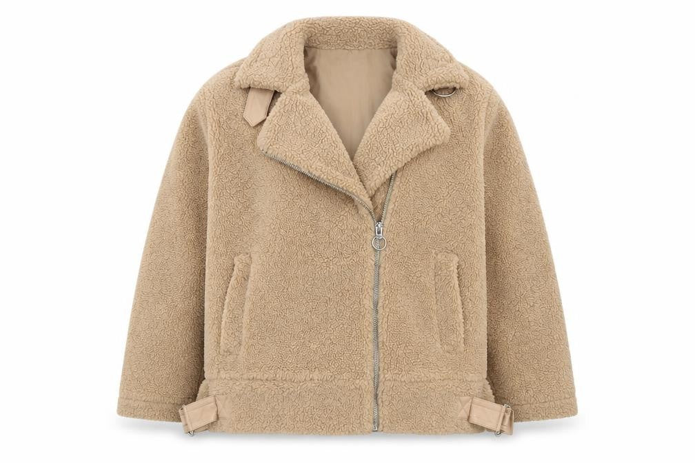 Topshop Women’s Beige Fleece Biker Jacket Size M Zip Lined Autumn Winter