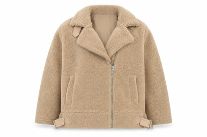 Topshop Women’s Beige Fleece Biker Jacket Size M Zip Lined Autumn Winter