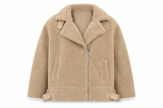 Topshop Women’s Beige Fleece Biker Jacket Size M Zip Lined Autumn Winter