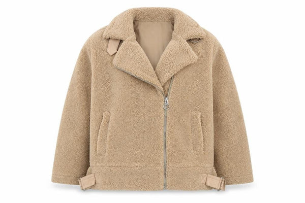 Topshop Women’s Beige Fleece Biker Jacket Size M Zip Lined Autumn Winter