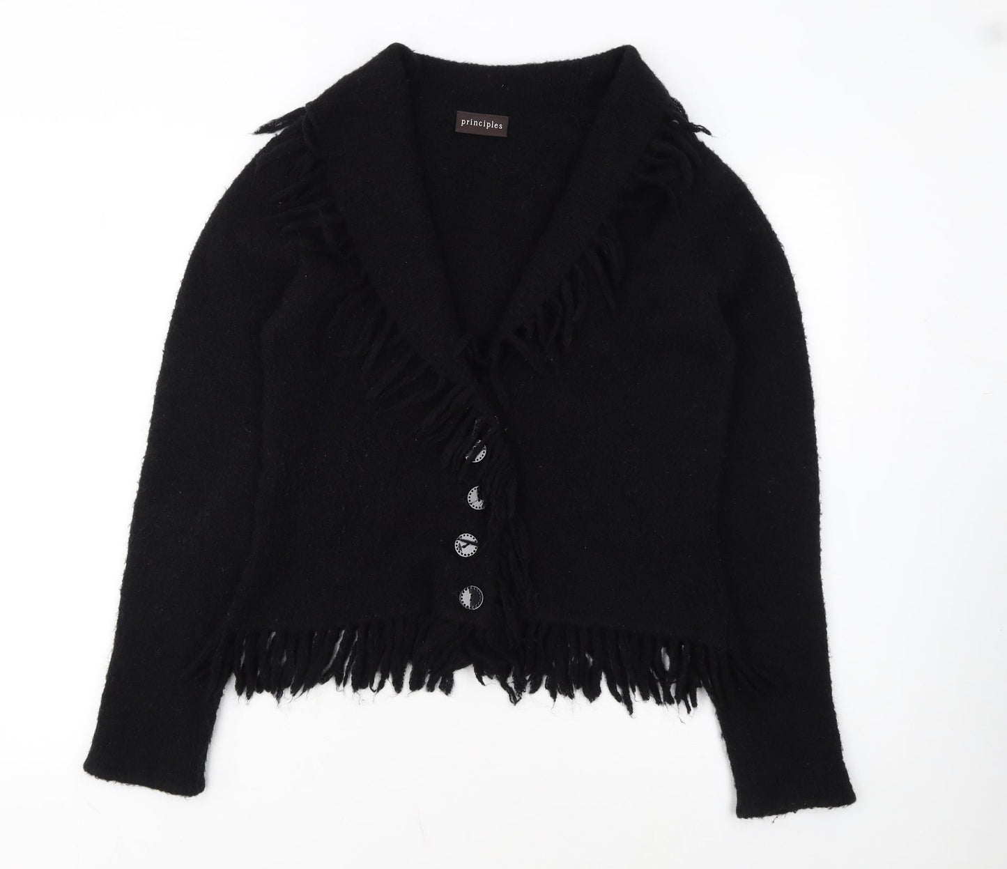 Principles Womens Black Fringed Button Cardigan Size M