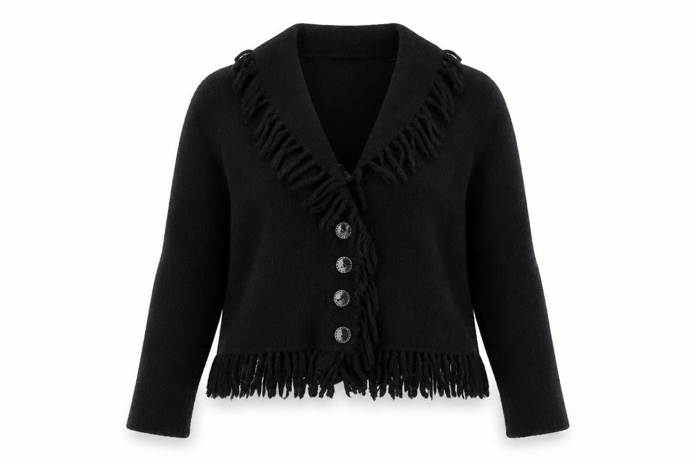 Principles Womens Black Fringed Button Cardigan Size M