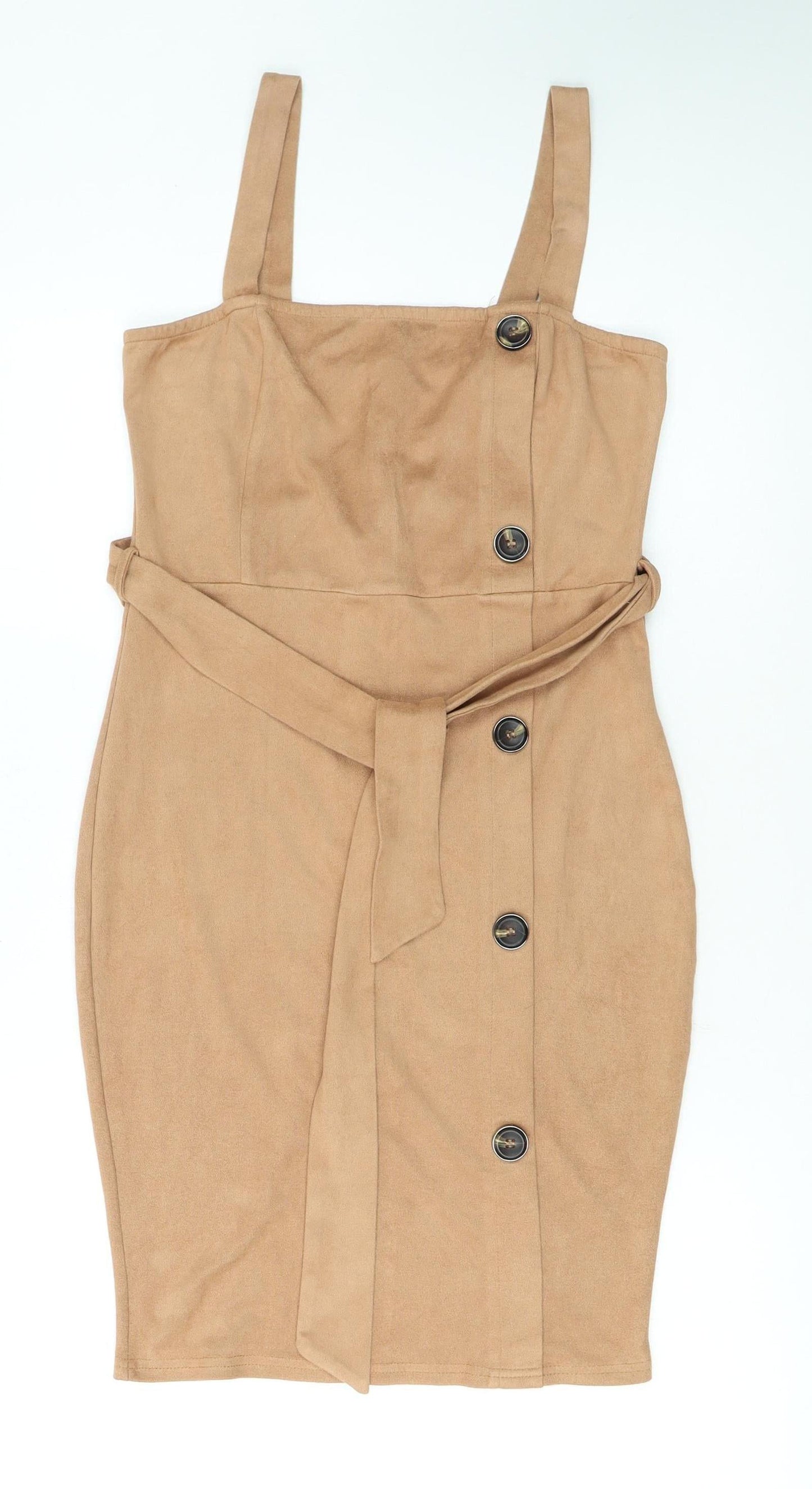 AX Paris Women Beige Size 10 Sleeveless Belted Suede Pinafore Dress