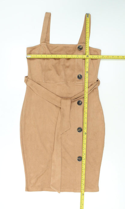 AX Paris Women Beige Size 10 Sleeveless Belted Suede Pinafore Dress