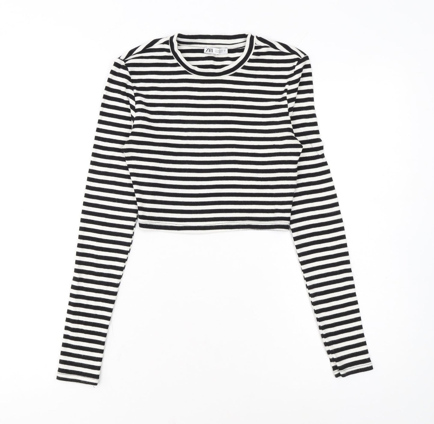 Zara Women Black Striped Cropped Long Sleeve T-Shirt Size S