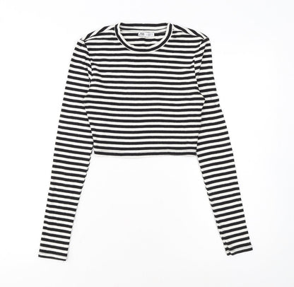 Zara Women Black Striped Cropped Long Sleeve T-Shirt Size S