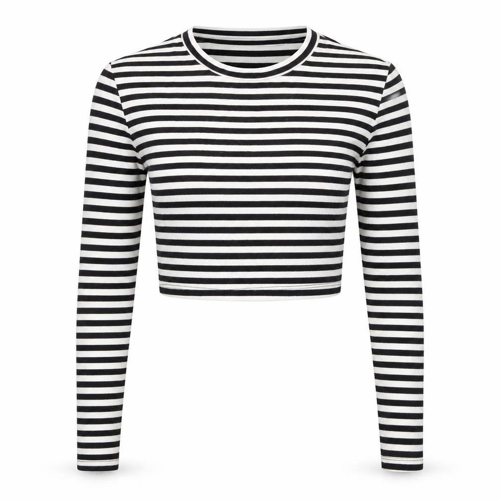 Zara Women Black Striped Cropped Long Sleeve T-Shirt Size S