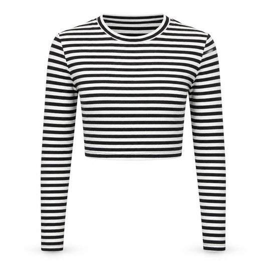 Zara Women Black Striped Cropped Long Sleeve T-Shirt Size S