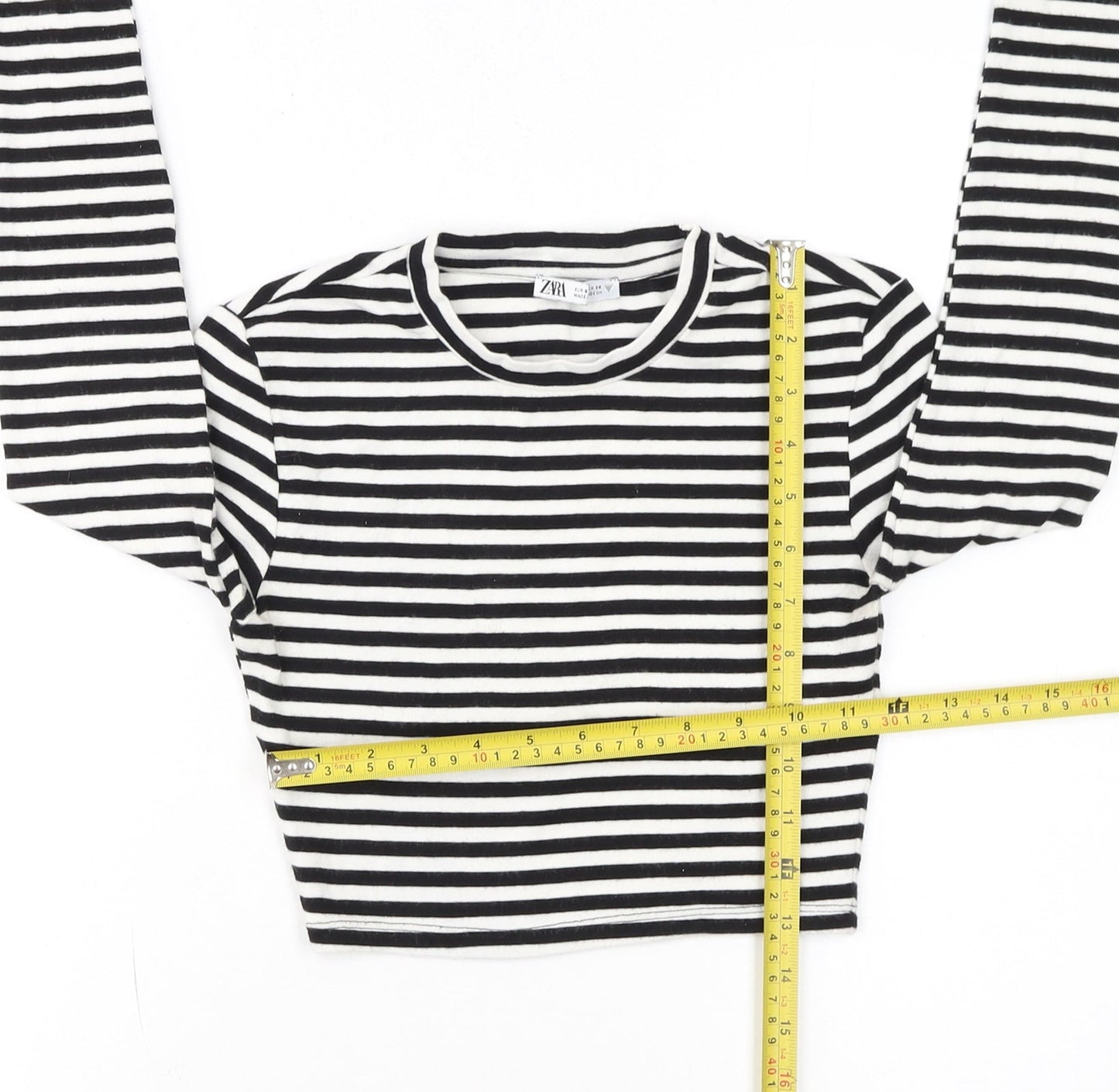 Zara Women Black Striped Cropped Long Sleeve T-Shirt Size S