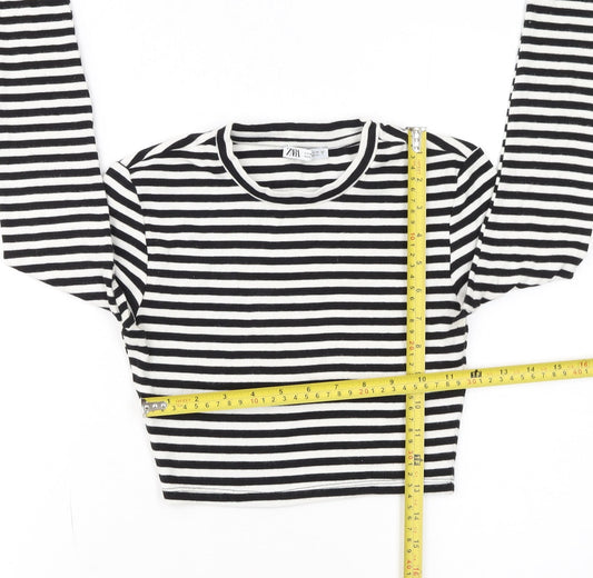 Zara Women Black Striped Cropped Long Sleeve T-Shirt Size S
