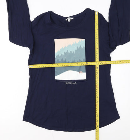 Reitmans Women’s Blue Long Sleeve Cotton Winter Print T-Shirt Size S