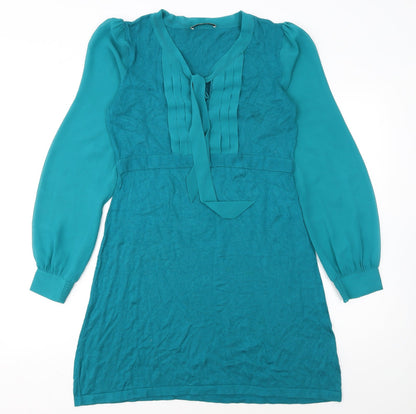 Oasis Women’s Green Long Sleeve Shift Dress Size L Pleated Tie Neck